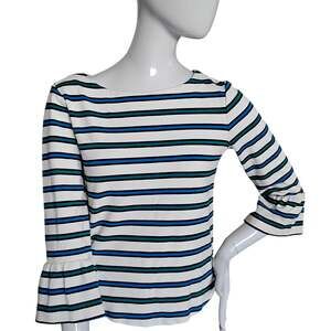 Ann Taylor Blouse Size Small Boat Collar Striped White Green Blue and Black